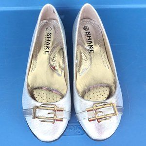 SHAKE Casual Flats Shoes Ballerina Cushioned Buckle Faux Leather Silver 5.2